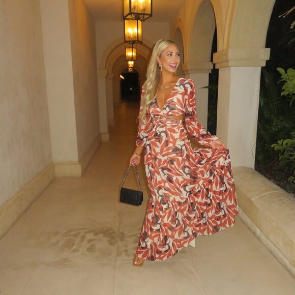 Gianni Bini Lillian Maxi Dress Size 12 Copper Palm Print Tiered Cut Out NEW - Picture 11 of 11